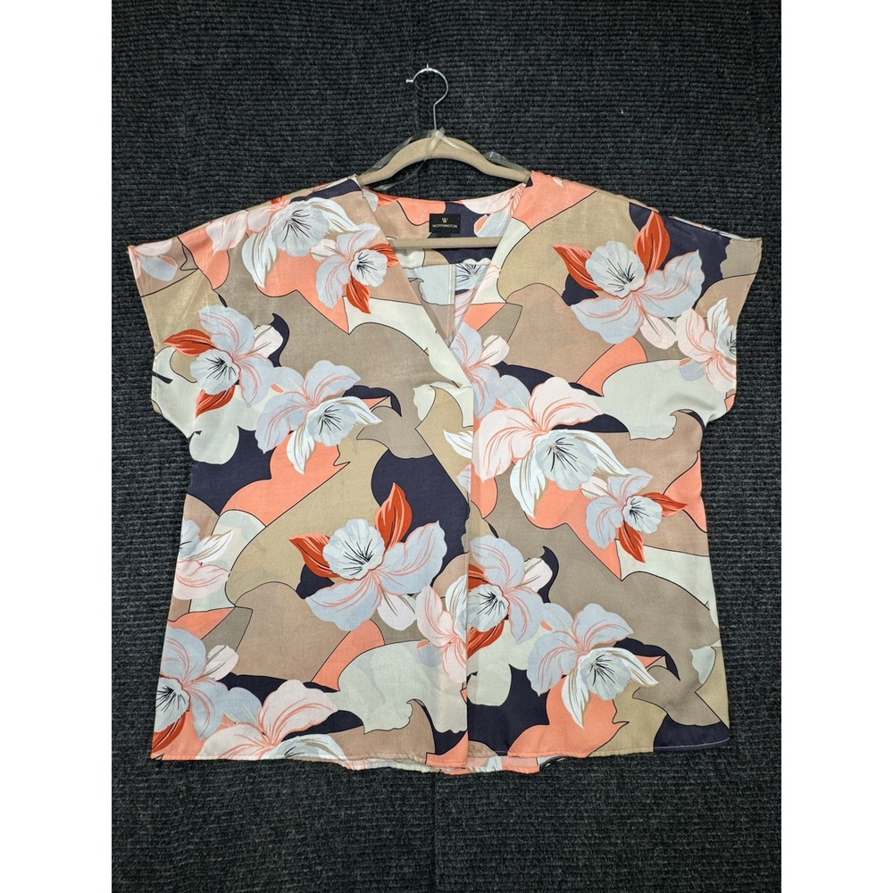 Worthington Women's L Floral Blouse Coral Navy Taupe Short Sleeve V-Neck